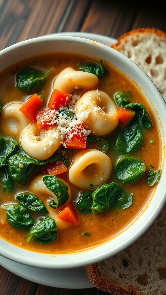 A bowl of spinach tortellini soup with cheese tortellini, spinach, and tomatoes, garnished with Parmesan, next to crusty bread.